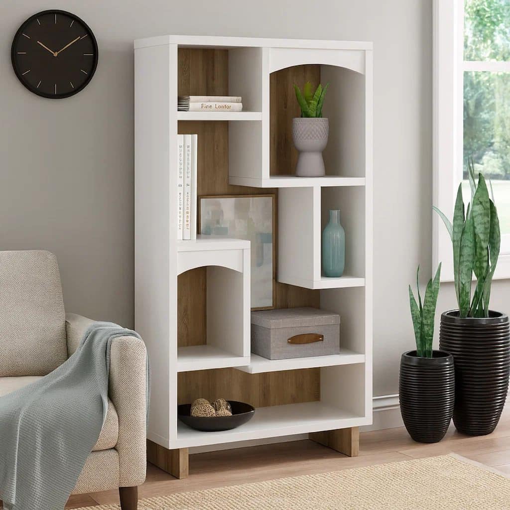 Aton Bookcase, Multiple Shelves and Compartments, Distressed White