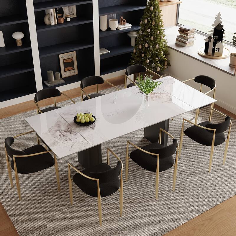 9 - Piece 94.48'' Modern Minimalist Extendable Sintered Stone Top Double Pedestal Dining Set With 8 Fabric Chairs - Black Base&Black Chair