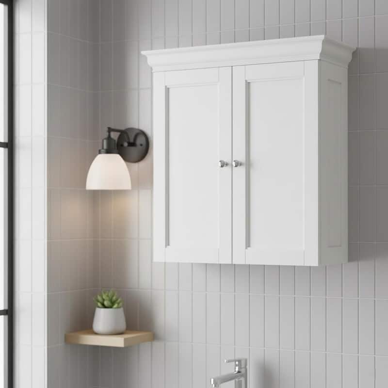 Teamson Home Stratford Removable Wall Cabinet 2 Doors, Adjustable Shelves, Crown Molding, Beveled Inlays for Bathroom Storage - White