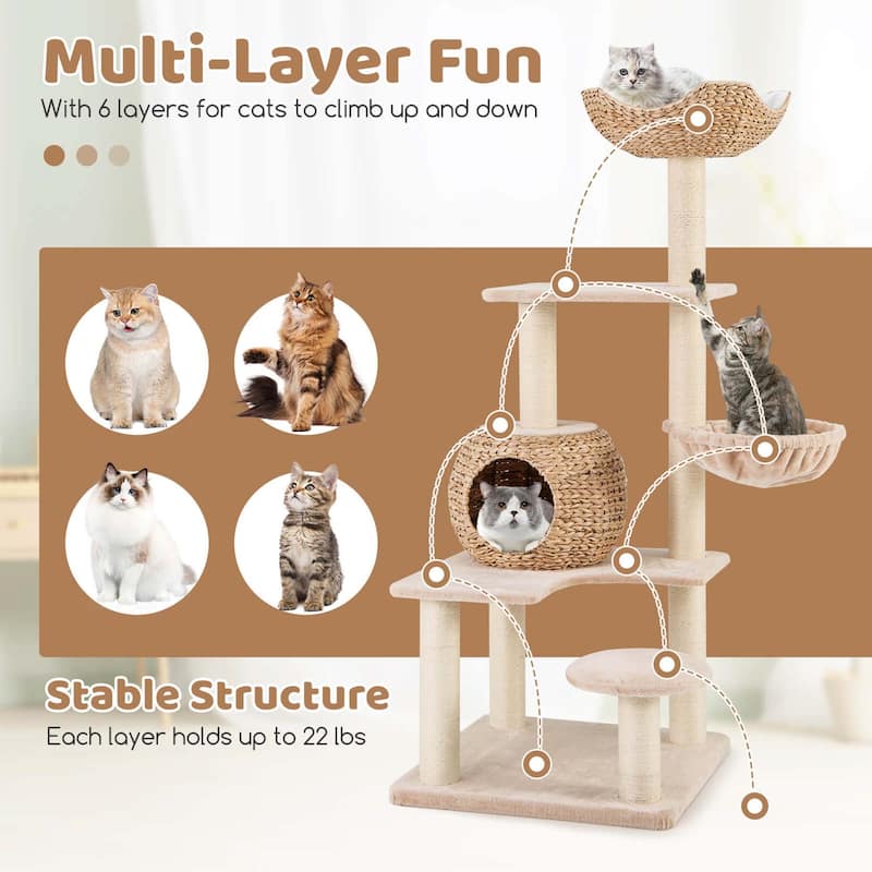 Costway 59" Cattail Cat Tower with Sisal Scratching Posts Perch Condo - See Details