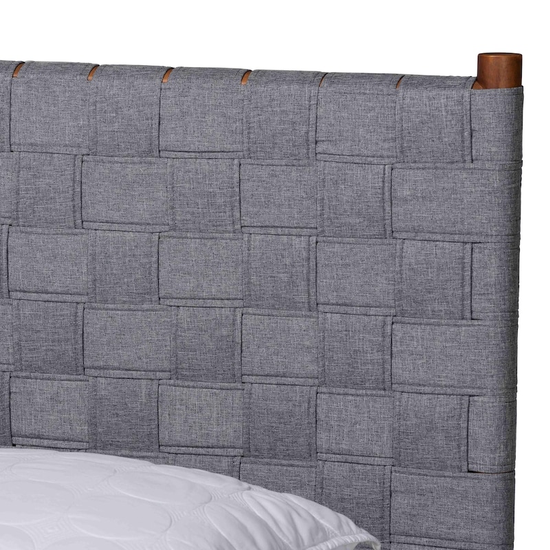 Estela Mid-Century Modern Grey Woven Fabric and Walnut Brown Wood Queen Size Platform Bed