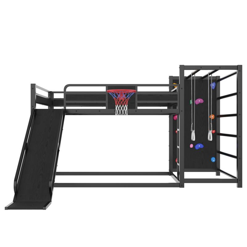 Full size metal loft bed with basketball hoop, pull-up rings, climbing wall, and built-in bookshelves