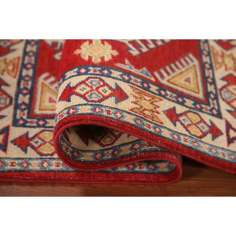 Geometric Kazak Oriental Accent Rug Hand-Knotted Red Wool Carpet - 2'7"x 3'8"