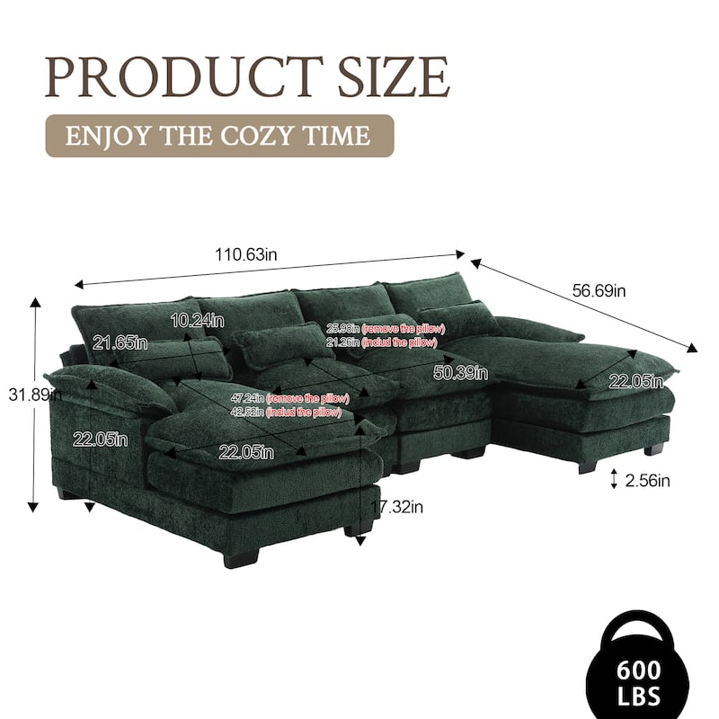 Chenille Upholstered U-Shaped Living Room Sectional Sofa With Wooden Legs