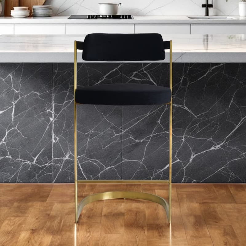 26" Modern Round Seat Bar Stool in Black Velvet with Gold Stainless Steel Frame and Low Back Support - 36”H x 18.5”W x 23”D