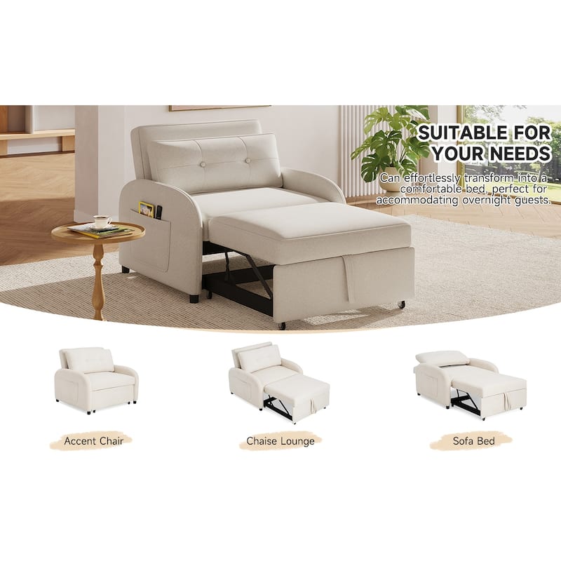 Single Sofa Bed Upholstered Sleeper Chair with Side Pocket, Convertible Chaise Lounge Pull-Out Sofa Bed with Adjustable Backrest