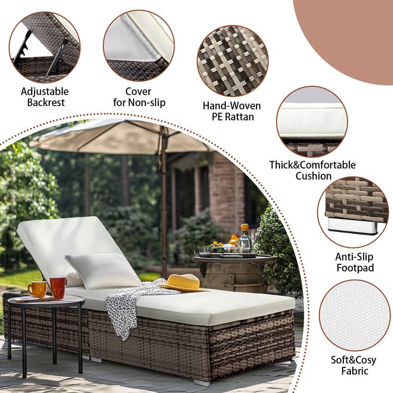Outdoor Wicker Single Chaise Lounge with Cushion