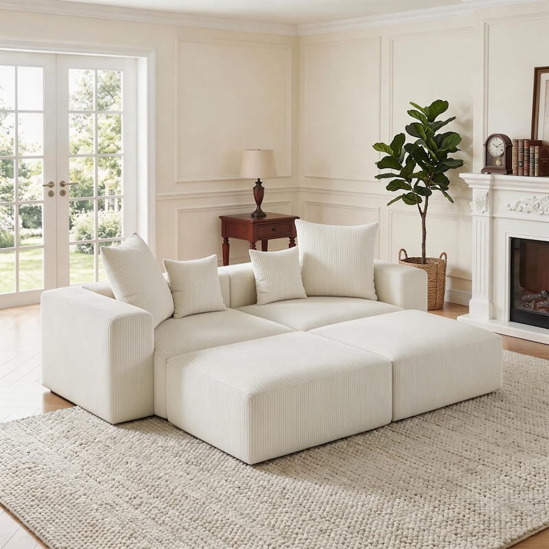 81"W No Assembly Corduroy Modular Sectional Sofa with Ottoman - Beige