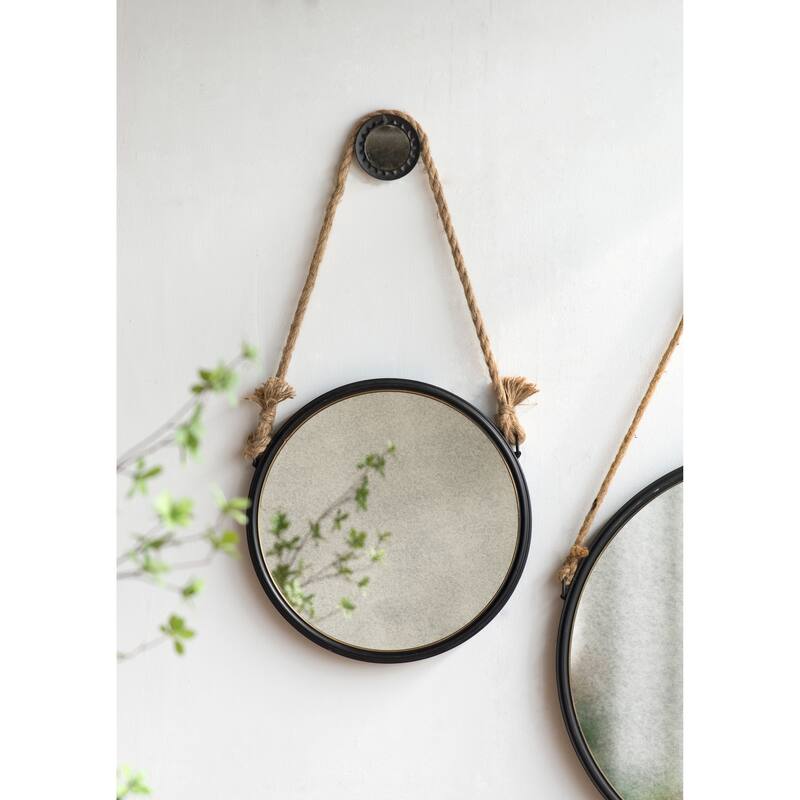 19.5" in Handsome Cleveland Mirror with Rope Strap Contemporary Design Circle Mirror with Grey Round Metal Frame - Black and Silver