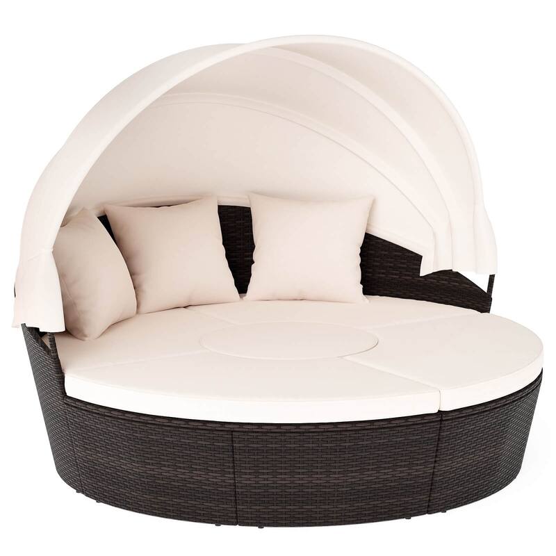 Costway Patio Round Daybed PE Rattan Cushioned Sectional Seating with - See Details - Mix Brown+Off White - See Details