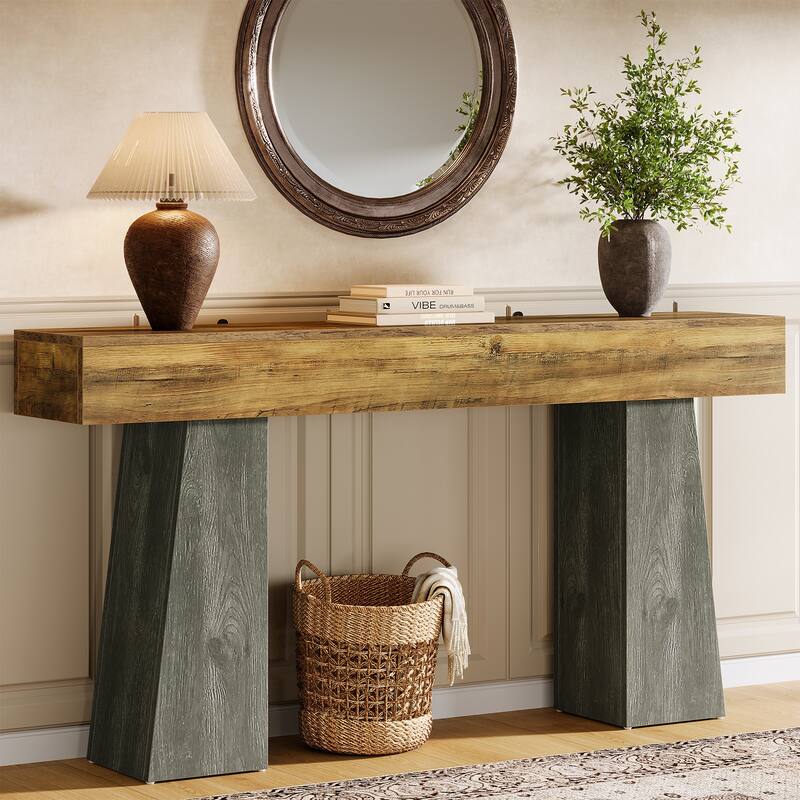 Farmhouse Entryway Table, 63-Inch Long Wooden Sofa Console Table - Wood - Brown and Grey