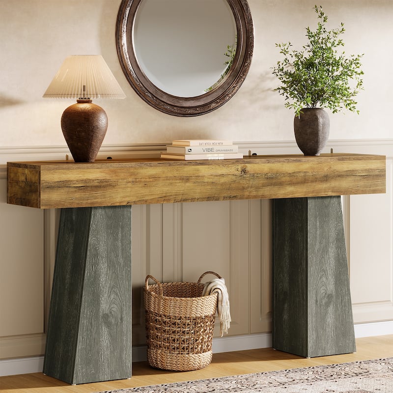 Industrial Console Table with Heavy-Duty Double Pedestal for Entryway - Brown+Grey