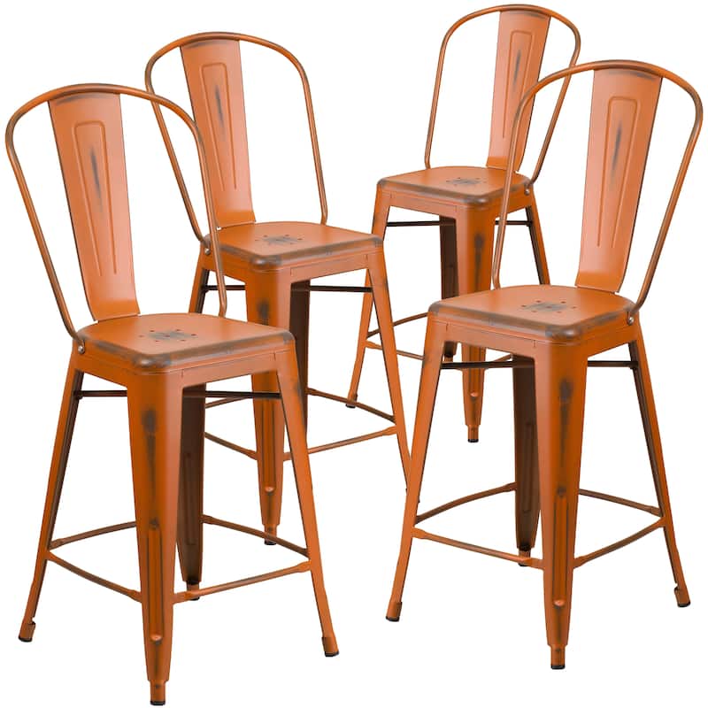 Distressed Metal Indoor/ Outdoor 24-inch Counter Stools (Set of 4) - Orange