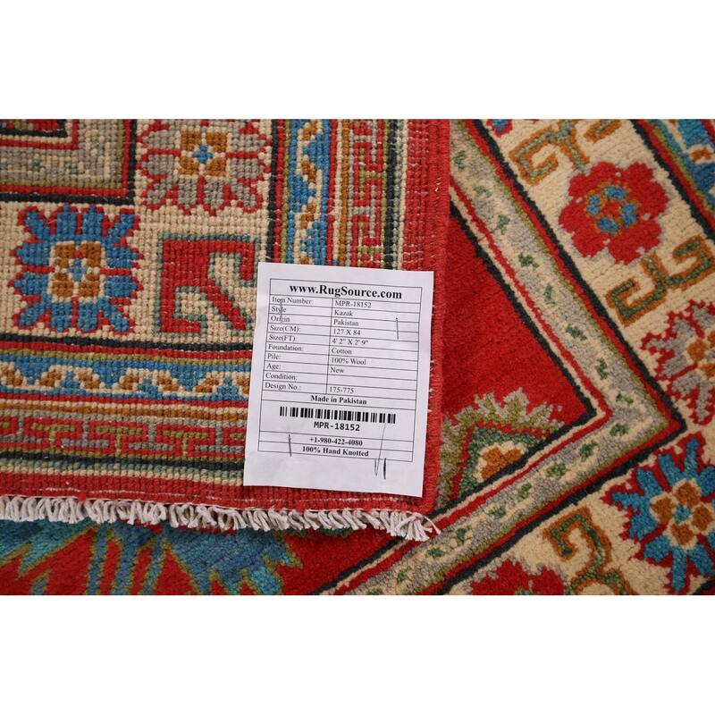 Red Kazak Foyer Rug Handmade Geometric Red Wool Carpet - 2'9" x 4'2"