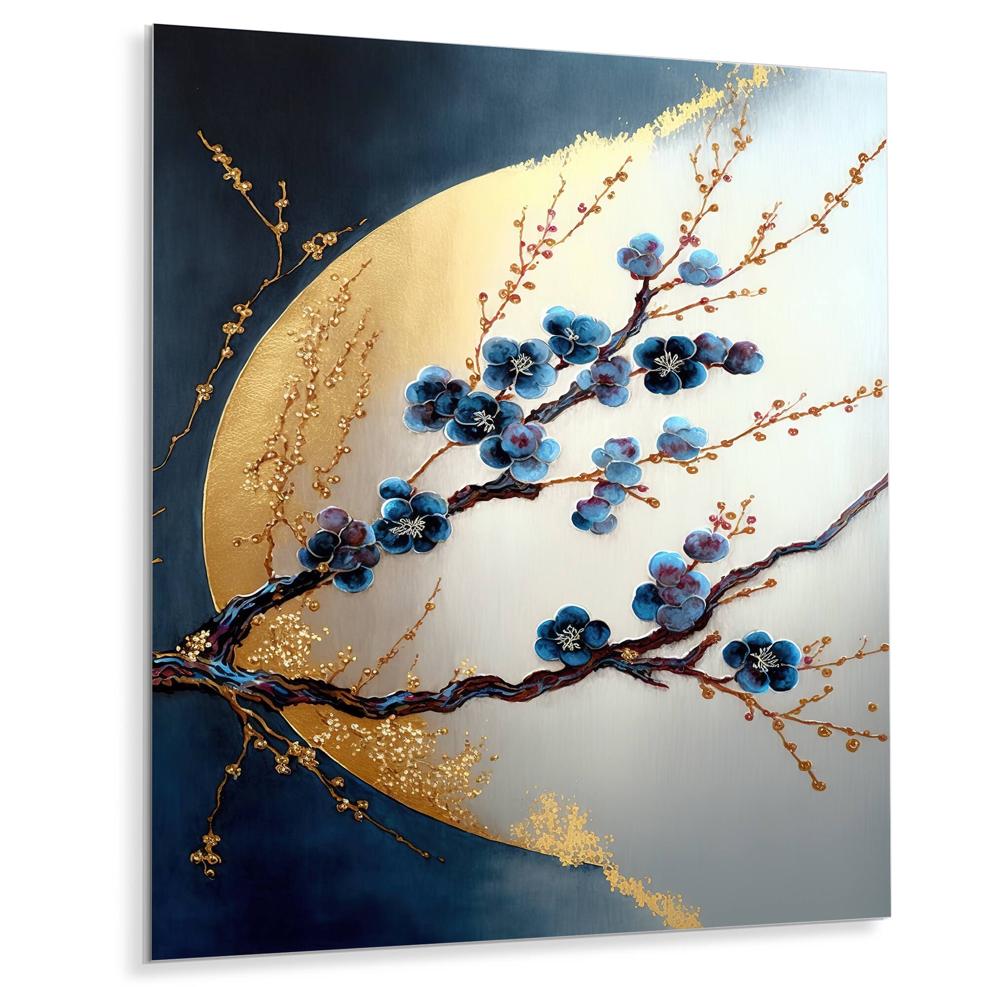 Designart 'Blue Cherry Blossom Branch IV' Tree Cherry Blossom Metal