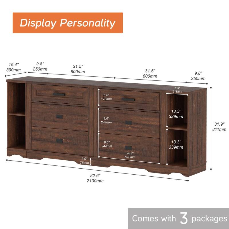 WAMPAT Farmhouse 4 in 1 Dresser TV Stand with 6 Drawers and Open Storage