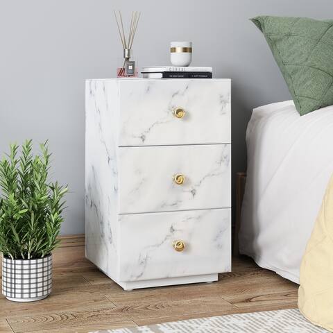 Modern Design Style Tempered Glass Marble Texture Bedside Table, MDF Locker Table Gold Glossy Handle Adjustable Foot Pegs