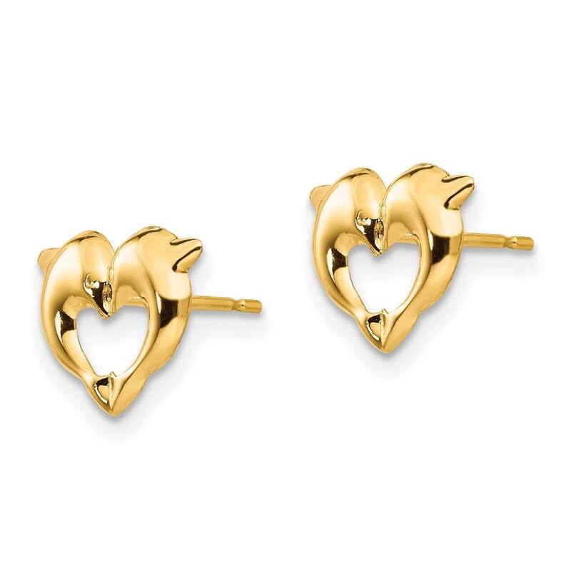 Curata Solid 14k Yellow Gold Childrens Polished Kissing Dolphins Post Earrings (8mmx10mm) - Orange