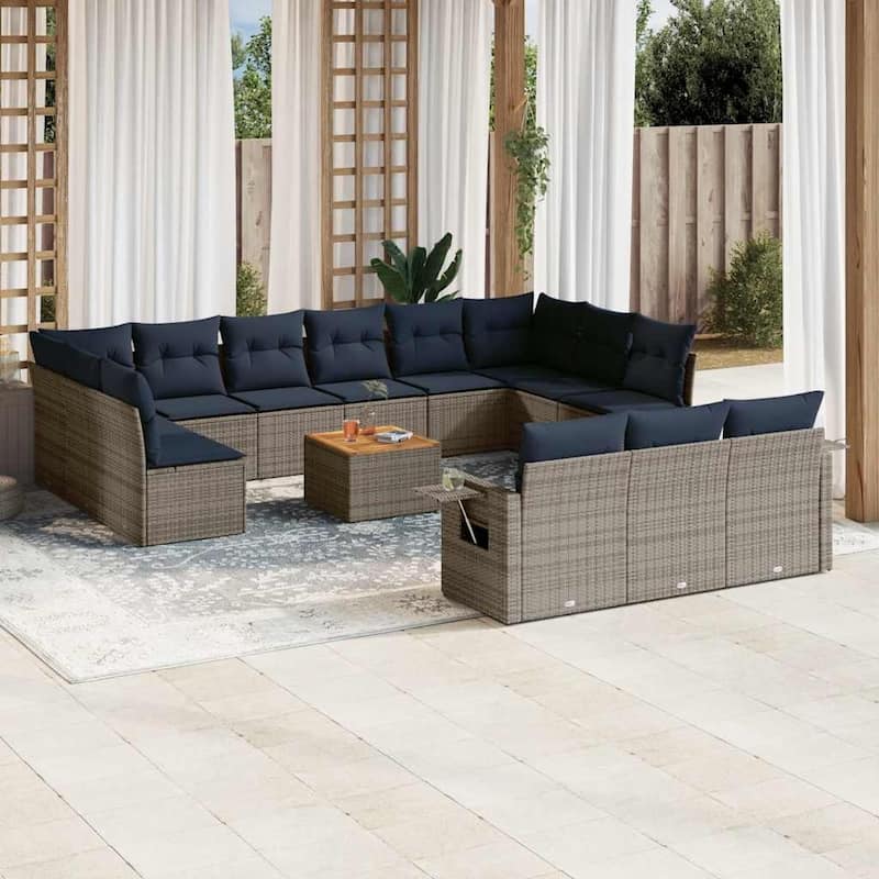 vidaXL 14 Piece Patio Sofa Set with Cushions Black Poly Rattan - 24.4" x 24.4" x 27.2" - Grey and blue