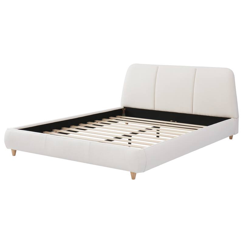 White Upholstered Bed Frame Low-Profile Platform Bed Linen Fabric Wingback Bed with Steamed Buns Headboard, Wood Slats Support