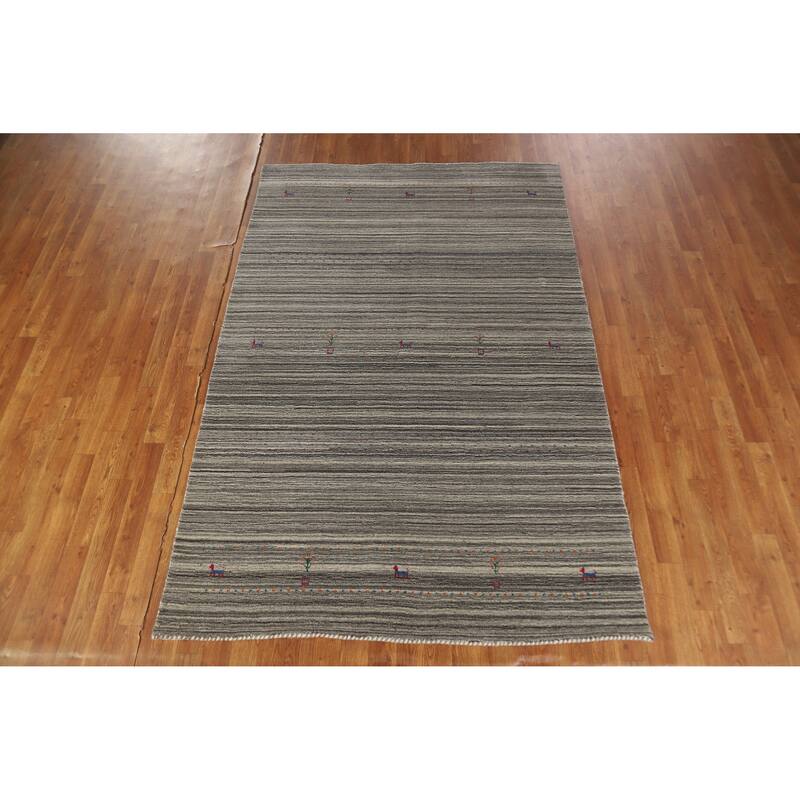 Hand Knotted Oriental 100% Wool Carpet Tribal Animal Pictorial Greys & Charcoal Gabbeh Area Rug - 7' 8'' X 5' 0''