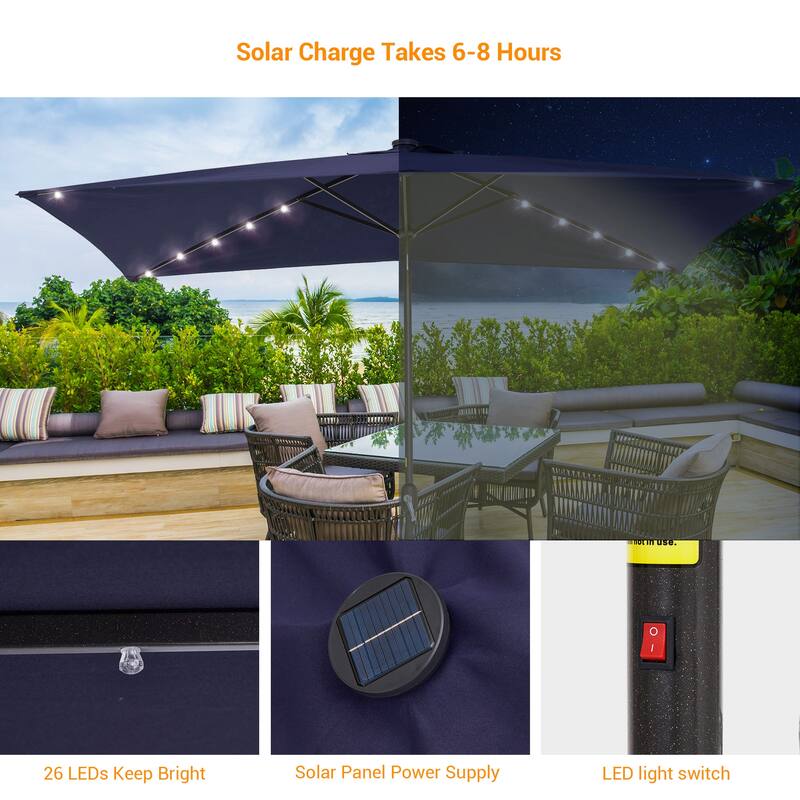 Bonosuki 10 x 6.5ft LED Patio Rectangular Umbrella Outdoor Market Umbrella Aluminium/Steel with Tilt and Crank