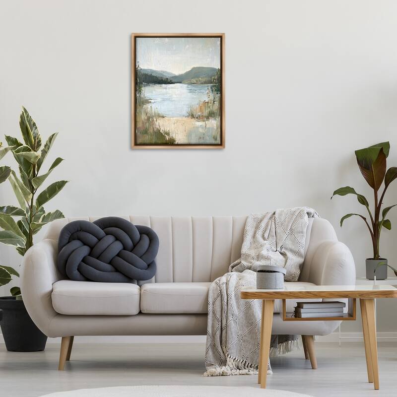 Stupell Abstract Lake Shore & Mountains Framed Floater Canvas Wall Art Design By Petal Prints Design