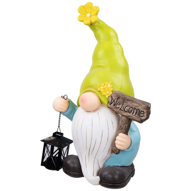 Welcome Gnome with Lantern Outdoor Garden Statue - 17.75"