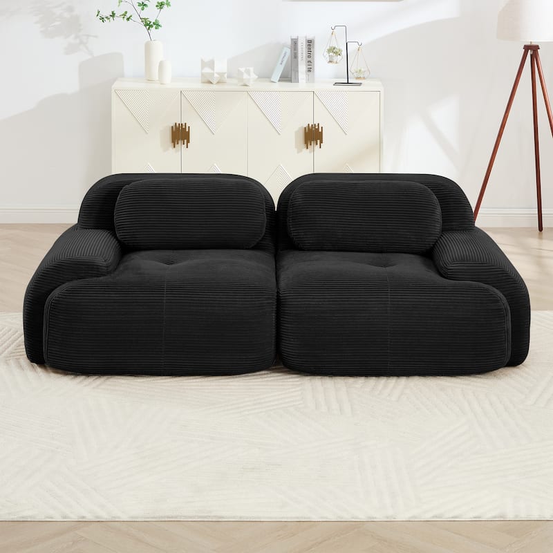 Anmytek 82 Inch Black Corduroy Modular Loveseat Sofa with Curved Arms and High Resilience Sponge