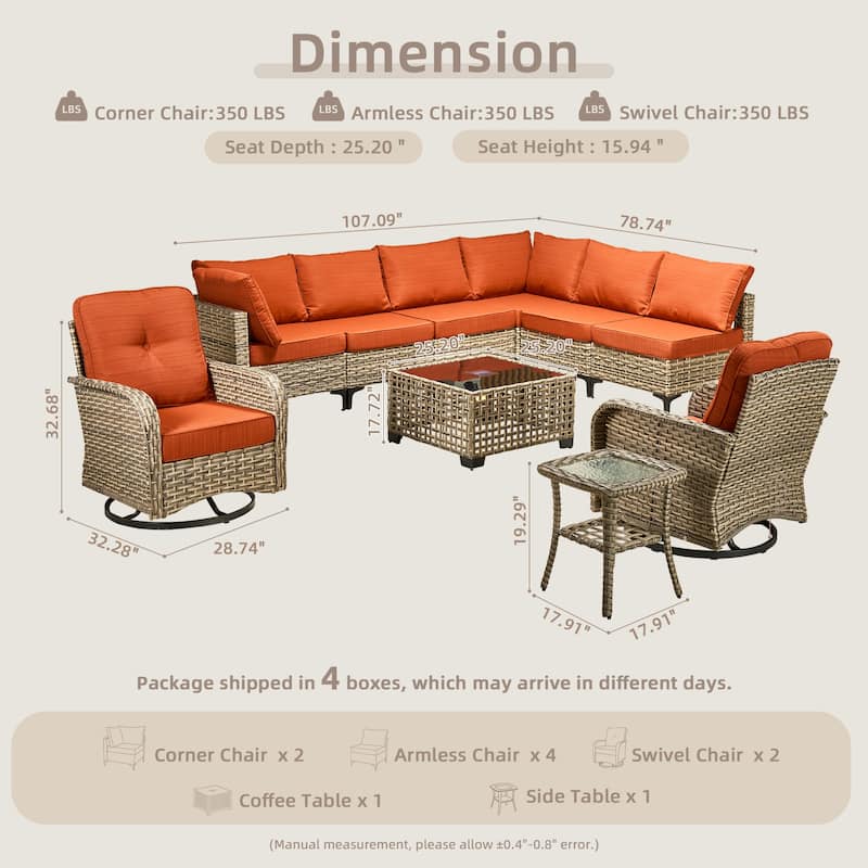OVIOS 10 Pieces Outdoor Wicker Swivel Chair Set With Solar-Powered Coffee Table