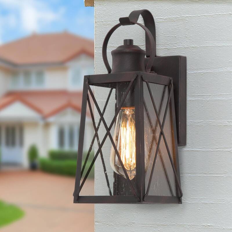 Black 1-Light Outdoor Wall Sconce Patio Lantern Light with Seeded Glass - Single - Rusty