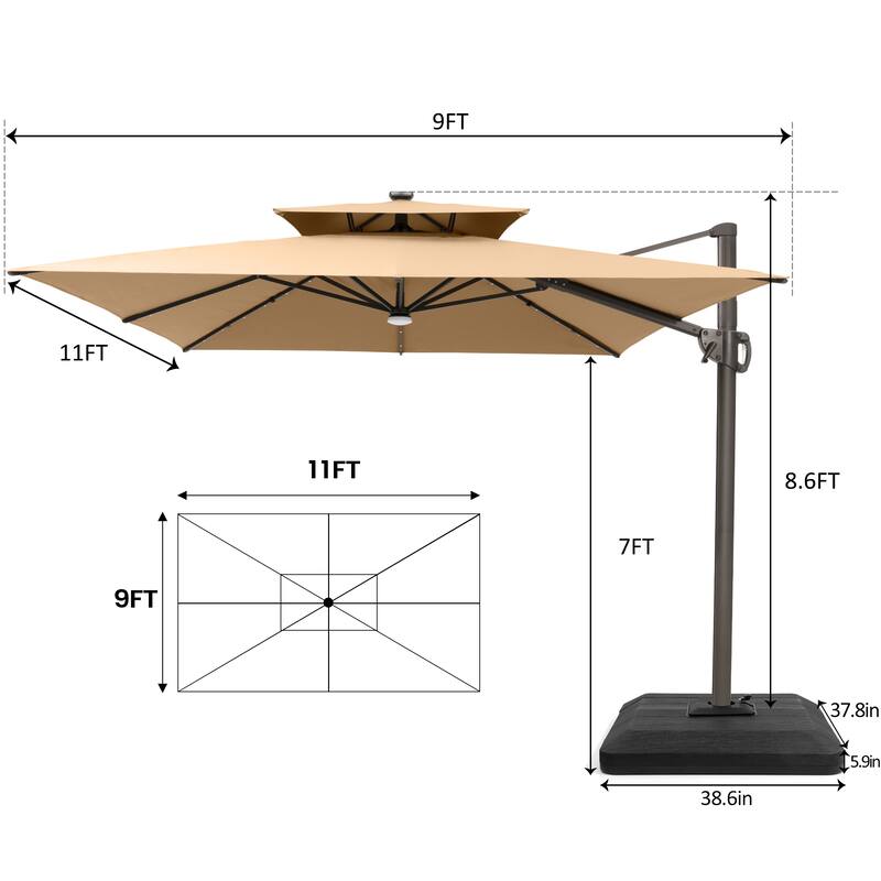9 X 11 FT Outdoor Patio Cantilever Umbrella with Solar Lights 4-Piece Premium Base Double Canopy 360 Rotation Tilt