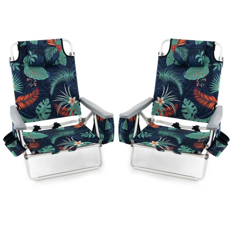 Set of 2 Backpack Beach Chair 5-Position Lay Flat Beach Chairs - Dark Green