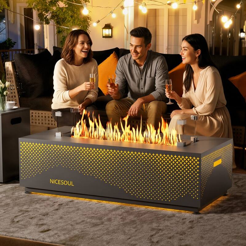 FINCATI Propane Fire Pit Coffee Table, Rectangle Natural Gas Outdoor Fire Pit Modern Gas Firepit, 42'' Fire Pit Table