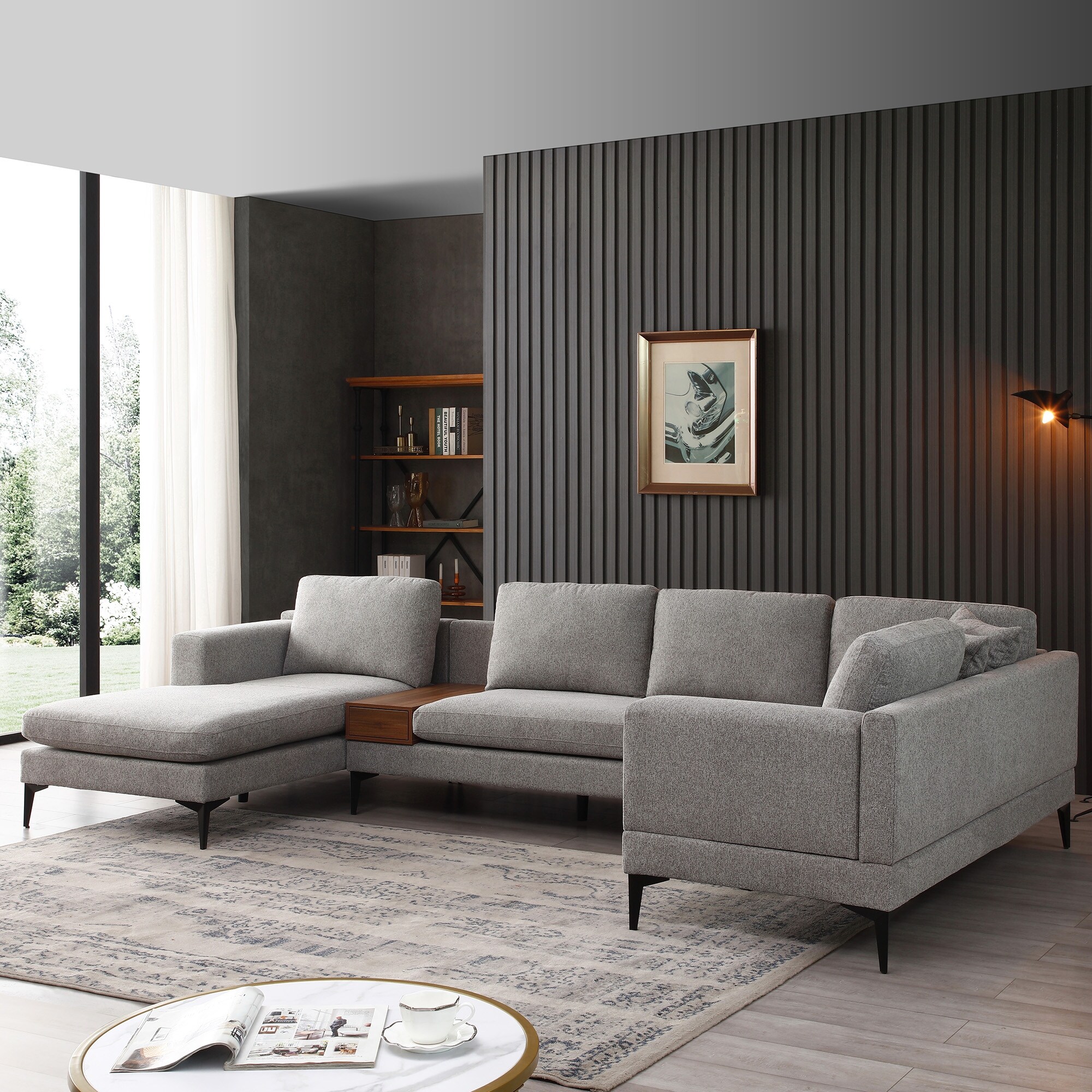 Grey Geometric U shape Sectional Sofa Sets w Chaise Coffee Table