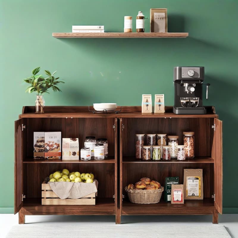 57" Kitchen Storage Cabinet with Vintage Shutter Doors and Adjustable Shelves Solid Wood Legs - 57" L x 13.8" W x 33.4" H