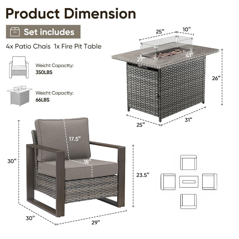 Pocassy 5 Pieces Outdoor Wicker Chair with Fire Table Set