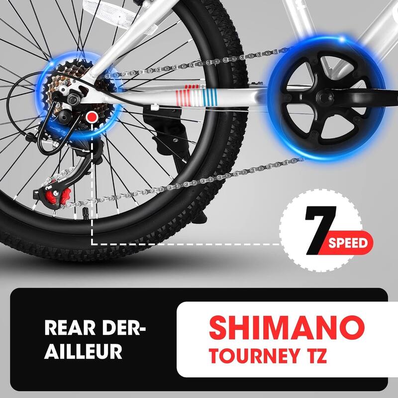 20 Inch Kids Mountain Bike Height Carbon Steel Frame 7 Speed Bicycles, Front Suspension Disc Brake Rear V-Brake for Kids, Teens