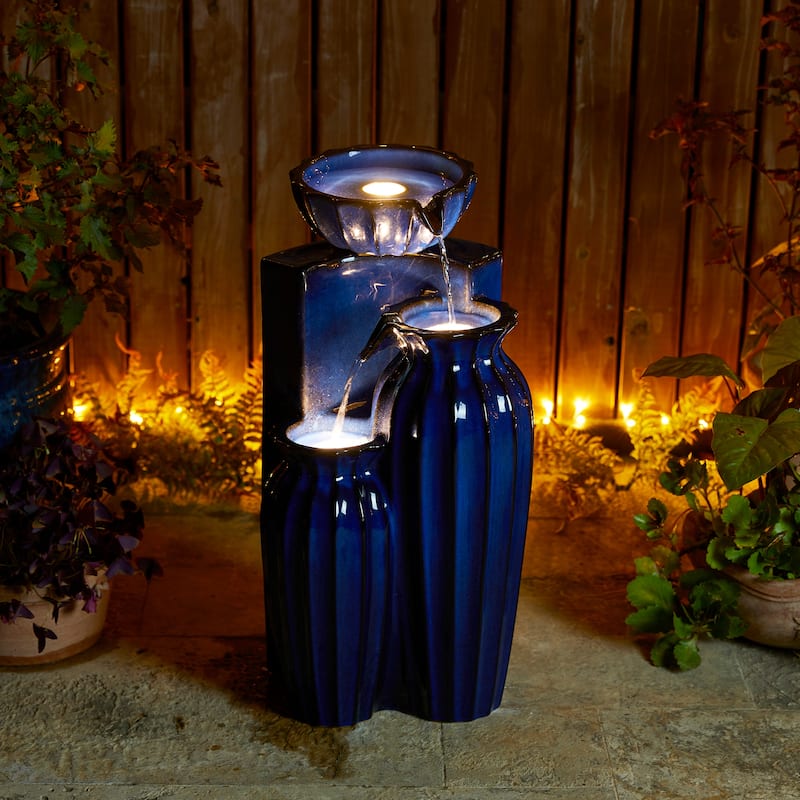 Glitzhome 26.75"H 3-Tiered Fluted Texture Ceramic Outdoor Floor Fountain with LED Lights - Blue