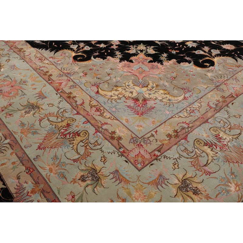 Hand Knotted Tabriz Black Persian Wool & Silk Traditional Area Rug - 11' 6'' x 16' 10''