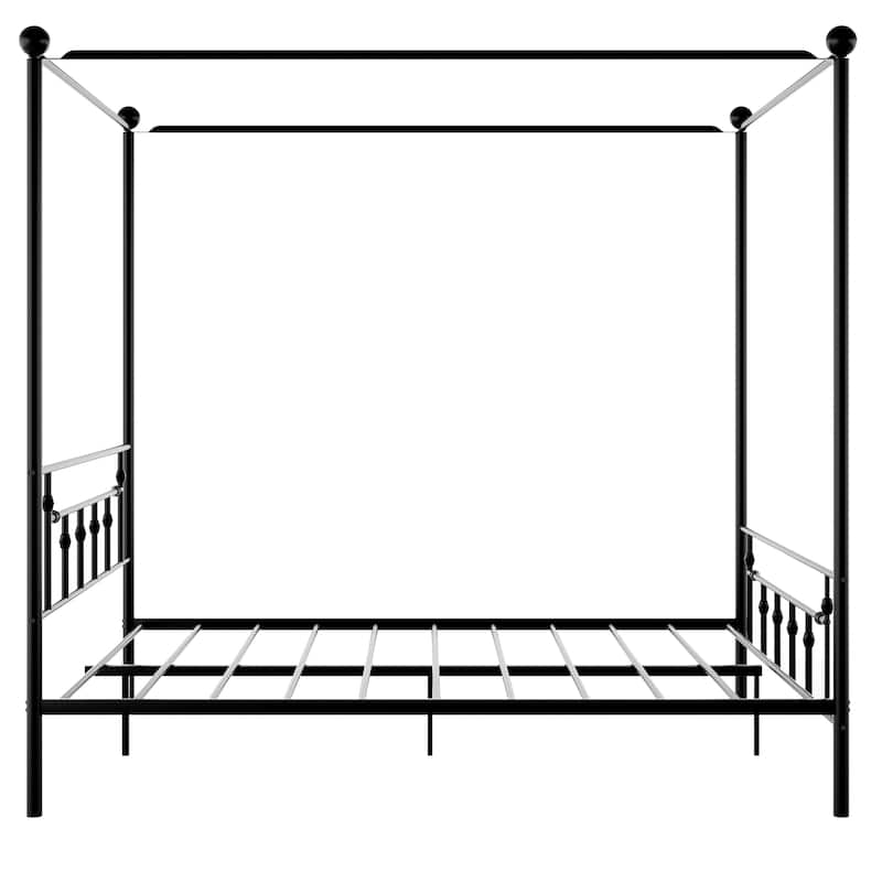 Queen Size Metal Canopy Platform bed with Headboard, Black/White