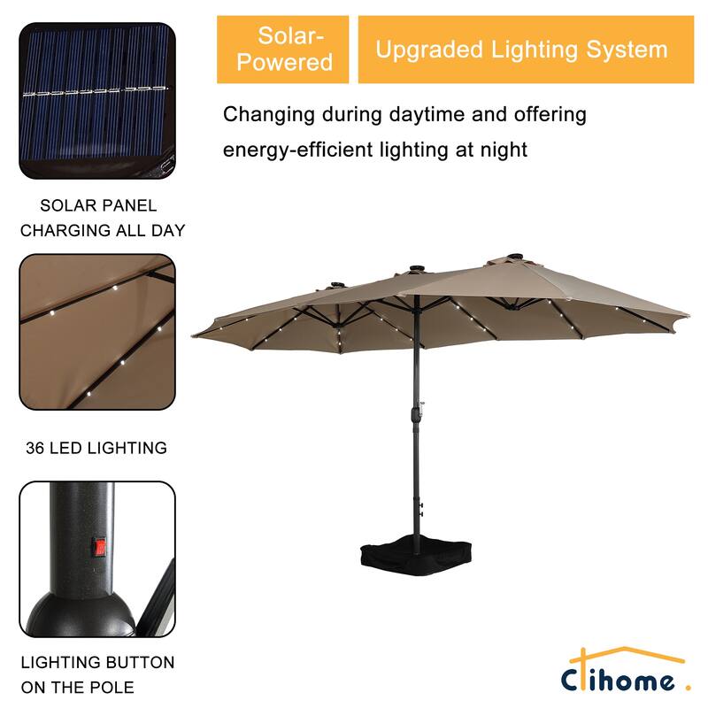 Clihome 15FT Double-Sided Solar Light Market Crank Umbrella with Base