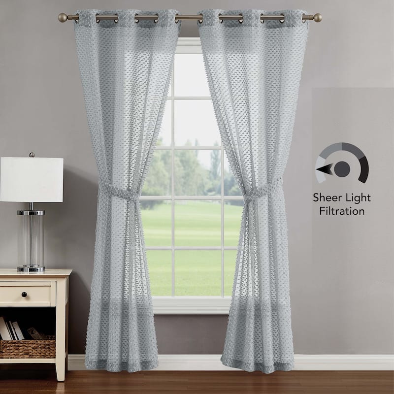 Creative Home Ideas Mia Embellished Sheer Grommet Window Curtain Panel Pair with Tiebacks,