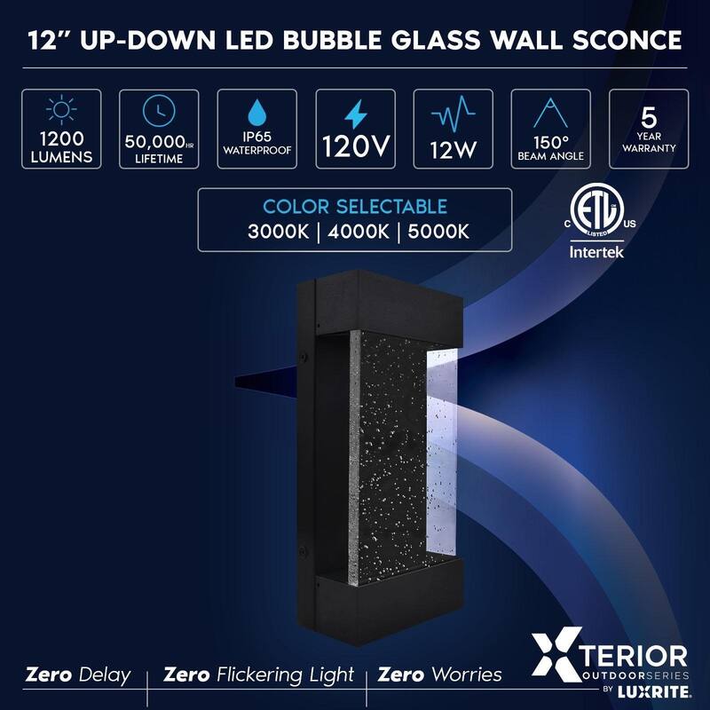 Luxrite Modern LED Up Down Outdoor Wall Lights, Bubble Glass, 12W, 3CCT 3000K 4000K 5000K, IP65, 12", Aluminum, ETL