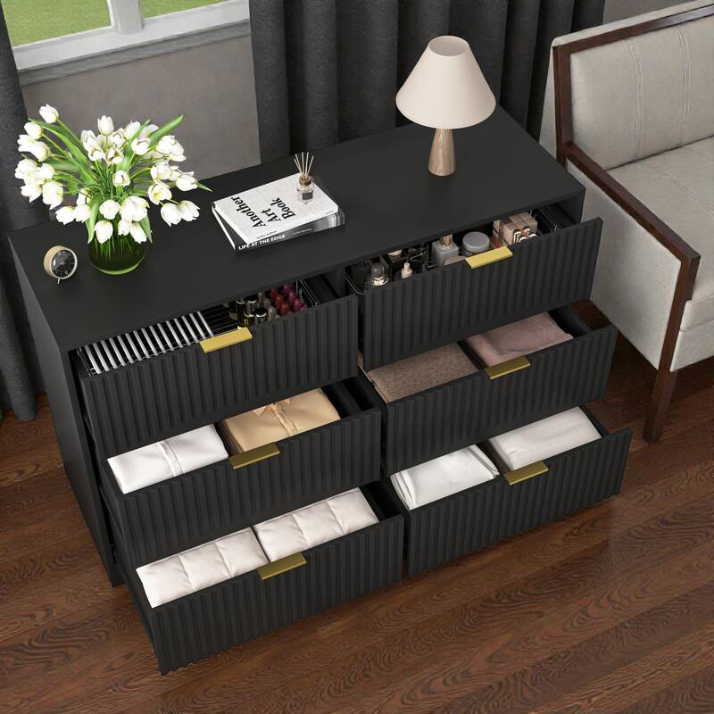 Modern 6 Drawer Dresser with Wavy Drawer Fronts, Large Chest of Drawers Storage Cabinet for Bedroom Living Room