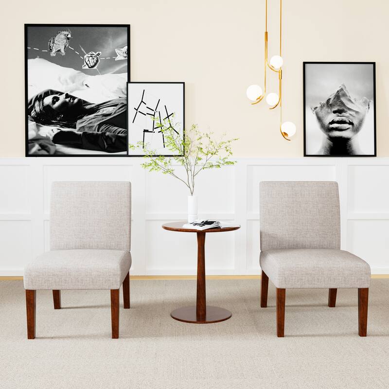 Round Wood Side Table & Dining Chairs Set Breakfast Nook with 2 Upholstered Fabric Beige Dining Chairs