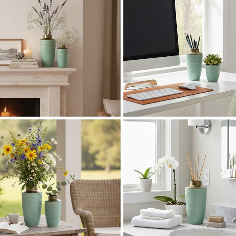 Aria Home Green Ceramic Vases Copper Rim Décor Display Set of 2