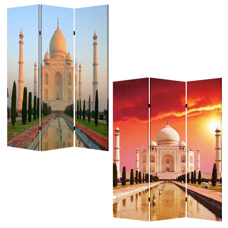 Brar 71 Inch 3 Panel Screen, Taj Mahal Reflecting Pool Print, Multicolor