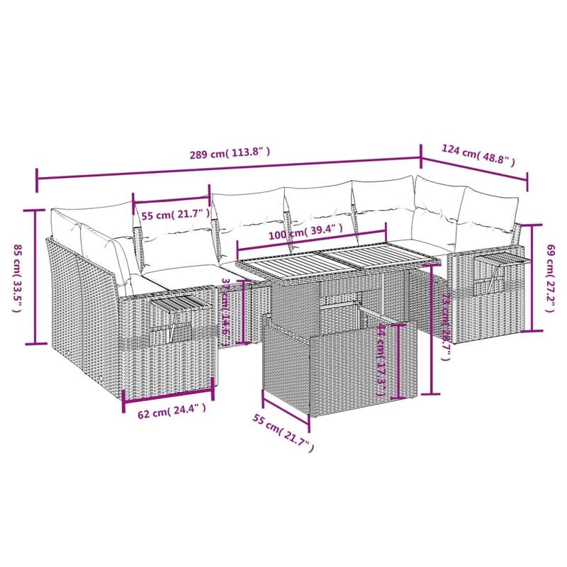 vidaXL Patio Sofa Set with Cushions Outdoor Furniture 8 Piece Poly Rattan - 24.4 x 24.4 x 27.2
