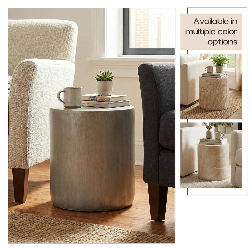 Vintara Modern Cylindrical Round Fiberstone Side Table with Brushed Finish for Living Rooms, Bedrooms, Patios, Balconies